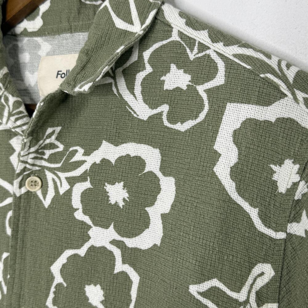 Folk Shirt Mens Medium Green Floral Camp Cotton Short Sleeve Button Up Tropical